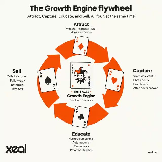 The Growth Engine flywheel from Xeal: Attract, Capture, Educate and Sell running as one loop. Attract covers your website, Facebook, ads, maps and reviews. Capture covers a voice assistant, chat agents, lead forms and after-hours answering. Educate covers nurture campaigns, automations, reminders and proof that teaches. Sell covers calls to action, follow-up, referrals and reviews.