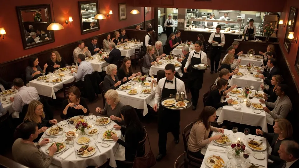 Packed restaurant dining room at peak service