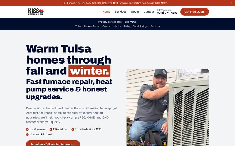 Homepage of KISS Heating & Air at kissheatingandair.com