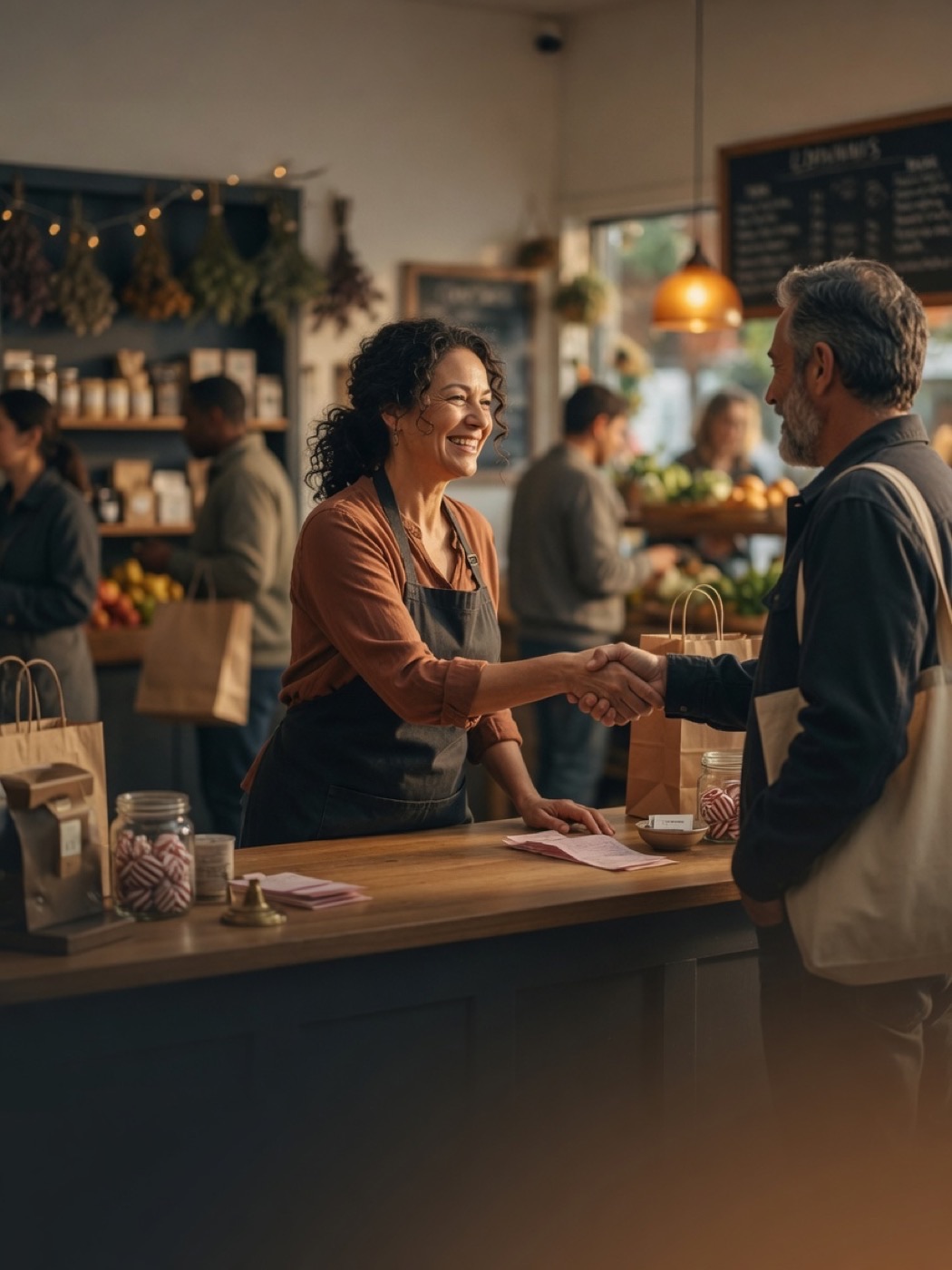 Local business owner warmly welcoming a returning customer at the counter